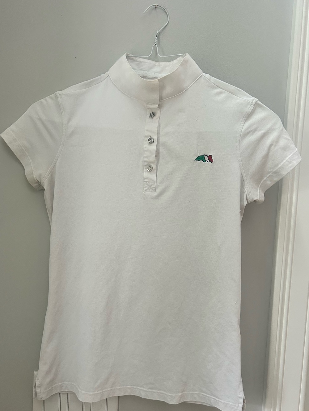 White short sleeve Equiline Riding Shirt with buttons and snaps at collar, Sz S